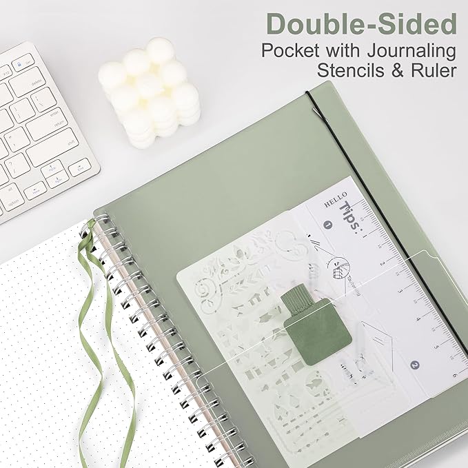 RETTACY Dotted Journal Notebook, 300 Pages, A4 Large Size (8.2'' × 11.2''), 100 GSM Thick Paper, Flexible Plastic Cover, Spiral-bound, for Journaling, Planning, Tracking (Sage Green)