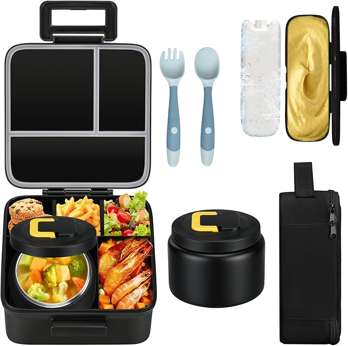 MAISON HUIS Bento Lunch Box with 8oz Soup Thermo and Insulated Lunch Bag, Kids Leakproof Lunch Food Containers with 5 Compartment, Boys Girls Thermo Hot Food Jar for Travel, School, BPA Free (Black)
