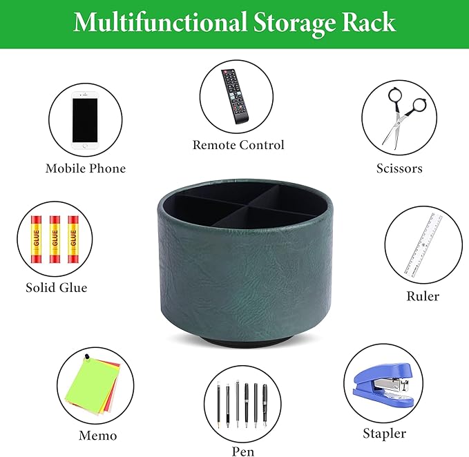Round Leather Art Supply Organizer,Remote Control Holder,360 Degree Spinning,Multi-Functional Pencil Holder,4 Compartments Desktop Stationary Organizer(1-Crazy Green)