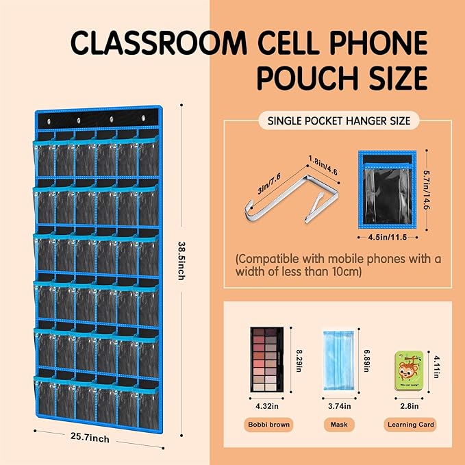 Kotkn 36 Pocket Charts for Classroom Cell Phones, 36 Clear Pocket Charts with Numbered Stickers, Classroom Hanging Cell Phone Organizer, Hangs on Wall, Door Storage Hooks (Black)