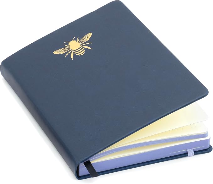 EVERLINEA 5.6” x 8.3” Embossed Bee A5 Hardcover Notebook, 240 Dotted Pages, Navy Blue
