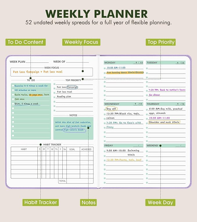 Undated Weekly and Monthly Planner, Hardcover Leather Calendar Blank Planner, Simplified To Do List Notebook with Goal & Habit Tracker Organizer, A5 Daily Weekly Planner for Work School Home, Purple