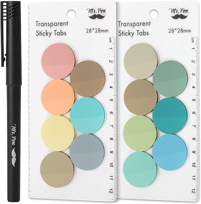 Mr. Pen- Round Transparent Sticky Notes, 1.1” Diameter, 14 Pads, 560 Sheets, Colorful, Water-Resistant See-Through Sticky Notes & Fineliner, Smooth Writing, Note Tabs for Bible Journaling, Studying