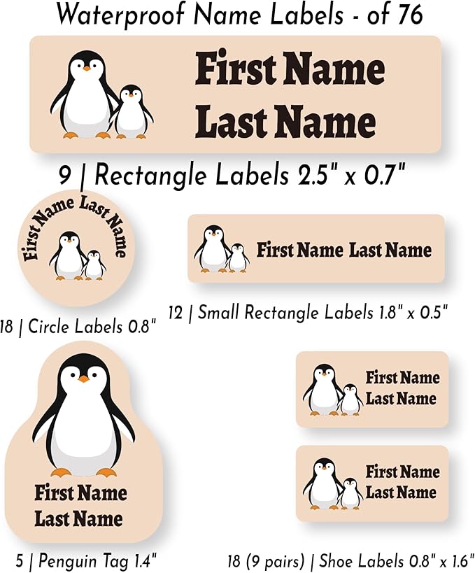 Personalized Kids Name Labels – Waterproof Custom Stickers for Daycare & School, Dishwasher & Laundry Safe (Yellow Penguin)