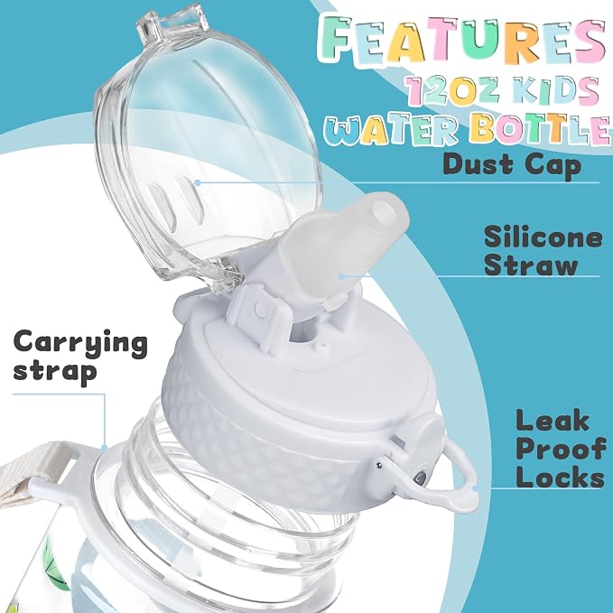 OLDLEY 17oz Kids Water Bottle, Tritan BPA-Free, Leakproof Flip Straw Lid, Motivational Time Marker, Carry Strap, Reusable Clear Water Bottle for Boys & Girls,Dinosaur