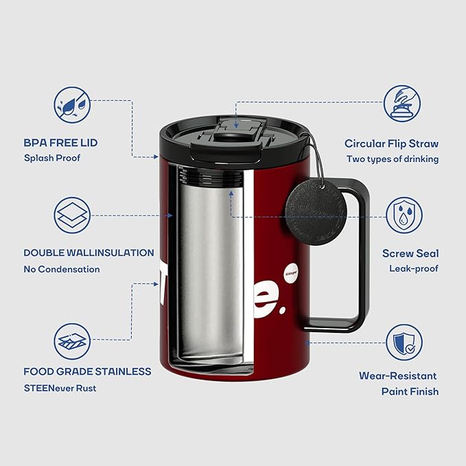18 oz Stainless Steel Insulated Coffee Mug with Handle and Lid, Double Wall Vacuum Travel Mug, Tumbler Cup with Sliding Lid, Resuable Insulated Coffee Tumbler, Red