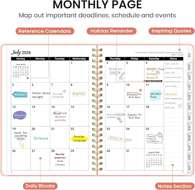 Planner 2026-2027 for Women & Men, Academic Monthly and Weekly Calendar Planner, Jul 2026 - Jun 2027, A5 (6.3" x 8.5"), Teacher Student Planning Book with Tabs, Ideal for Office School Supplies - Pink