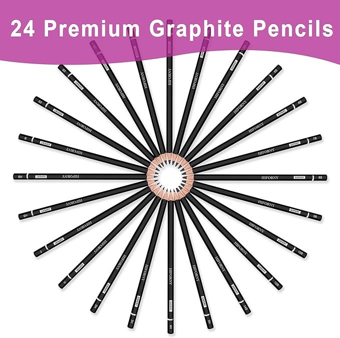 HIFORNY 24-Piece Graphite Sketching Pencil Set - 14B-5H, Ideal for Beginners & Artists