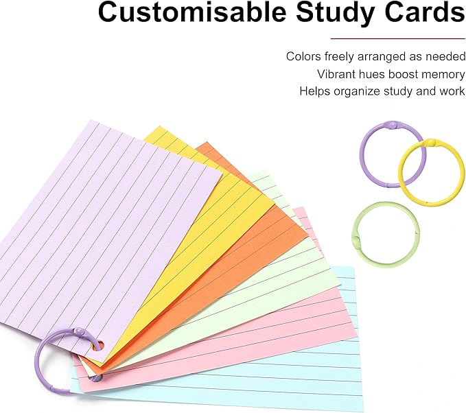 JUNART 300 pcs Index Cards(6 Colours × 50 Pages) with 6 Binder Rings, Perforated Colourful Flash Cards for Study Notes, Office, Home, etc