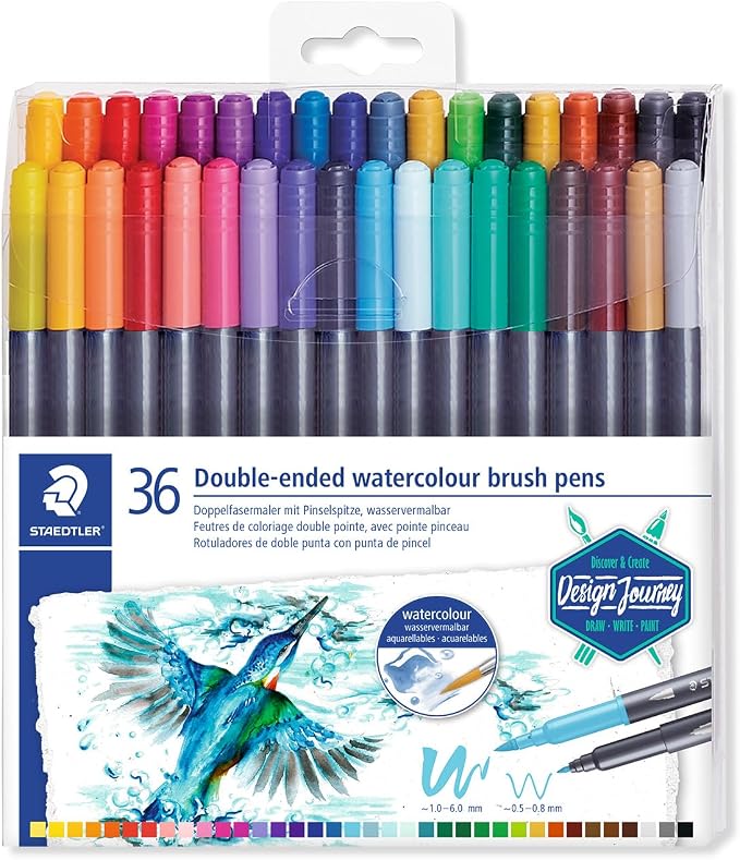 Staedtler Double-Ended Watercolour Brush Pens, Ideal for Fine Art Applications, Coloring, Calligraphy, Drawing, Set of 36, (3001 TB36)