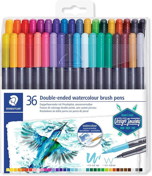 Staedtler Double-Ended Watercolour Brush Pens, Ideal for Fine Art Applications, Coloring, Calligraphy, Drawing, Set of 36, (3001 TB36)