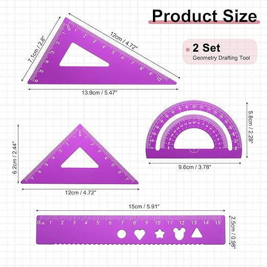 PATIKIL 8 Pcs Geometry Drafting Tool, Aluminum Alloy Geometry Kit Math Tool Includes 15cm L Ruler Protractor Triangles for Drafting Angle Measure Simple Science Experiment, Purple