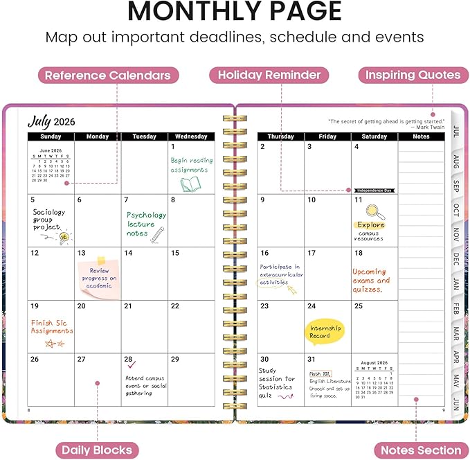 Planner 2026-2027, Academic Monthly and Weekly Calendar Planner for Women, July 2026 - June 2027, Hardcover Pretty Agenda Planner Book with Tabs, Spiral Daily Organizer for School Office Home Supplies, 6.3" x 8.5" - Dreamscape Hills