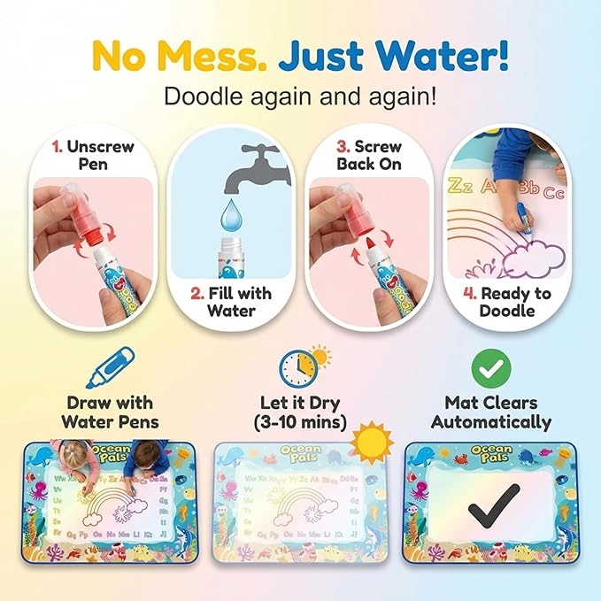 Water Doodle Mat for Kids, Large 40 x 32 Aqua Magic Reusable Drawing Mat, Mess Free Coloring & Writing Toy, Educational Gift for Toddlers Boys Girls