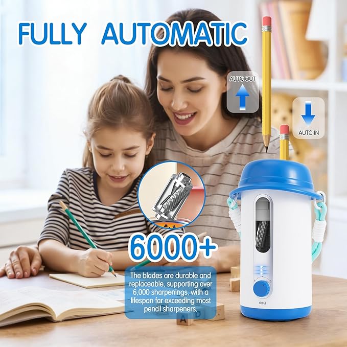 Electric Pencil Sharpener, Low Noise Fully Automatic Pencil Sharpener for Classroom,6.9-10.8mm Colored/Jumbo Pencils, Auto in & Out,Rechargeable Hands-Free Sharpener for Home/Office,Blue