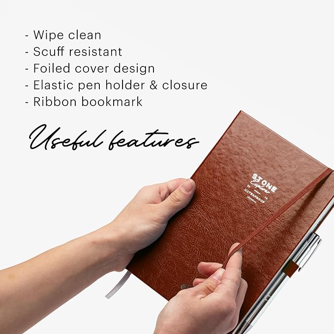 Stone Journal Explorer Notebook – A5 Waterproof Paper Field Journal, Vegan Leather Hardcover, 144 Pages Alternating Ruled & Dot Grid, Back Pocket, Weather-Resistant (Tan Brown)