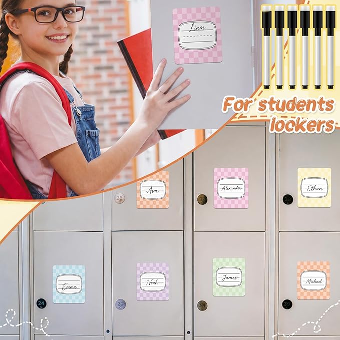 Crtiin 42 Pcs Magnetic Name Tags for Lockers Pastel Checkerboard Dry Erase Labels Magnetic Reusable Name Tags for Back to School Whiteboard Classroom School Bus Locker Fridge