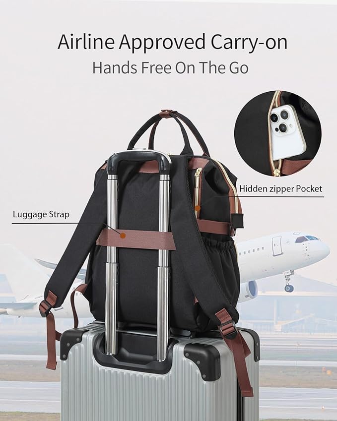 Bookbag for Women Laptop Backpack, Teacher Nurse Work Computer Bags with Cup Holder & USB Charger for Travel, School Bag College Back Pack for Girls, BlackWhiteBrown