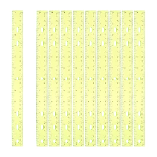 HARFINGTON 12pcs Plastic Rulers 12" (30cm) Clear Straight Ruler Measuring Tool Inches and Centimeters with Hole for Home Office Classrooms Drafting, Clear Yellow