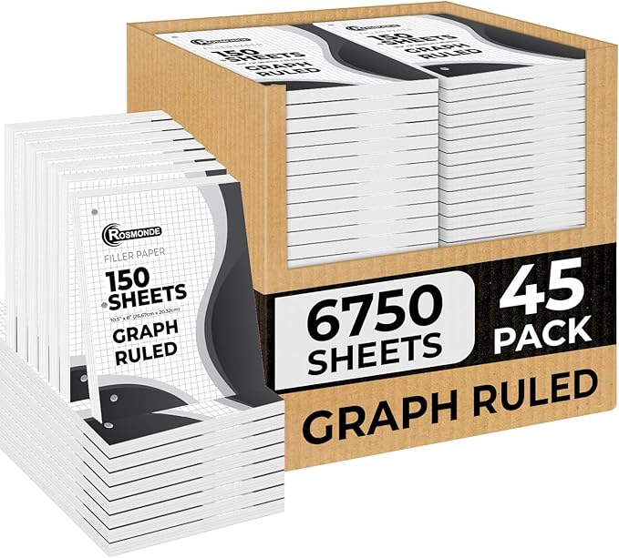 Rosmonde Loose Leaf Paper Bulk, 6750 Sheets, 45 Pack, Quad Ruled Sheets, 8" x 10.5", Bulk Loose Leaf Paper, 3 Hole Punched, Fights Ink Bleed, 150 Sheets/Pack, Thick Graphing Paper, School Supplies