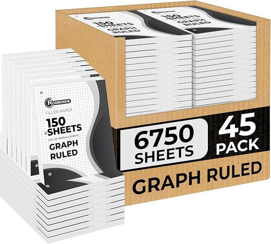 Rosmonde Loose Leaf Paper Bulk, 6750 Sheets, 45 Pack, Quad Ruled Sheets, 8" x 10.5", Bulk Loose Leaf Paper, 3 Hole Punched, Fights Ink Bleed, 150 Sheets/Pack, Thick Graphing Paper, School Supplies