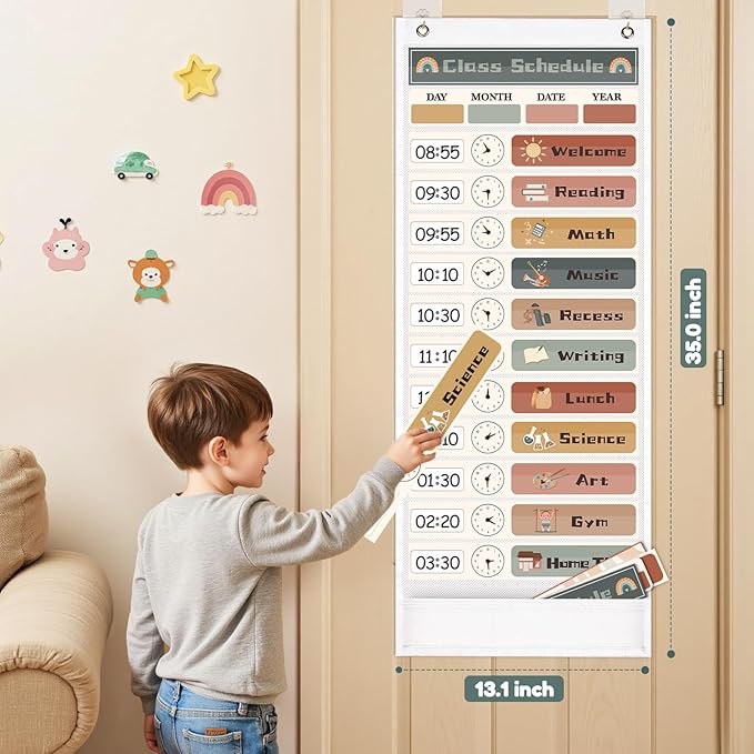 Daily Schedule Pocket Chart for Kids Management, 13+1 Pockets with 30 Cards Visual Time Reusable Dry-Eraser Schedule, Teacher Supplies for Boho Classroom Homeschool Decor