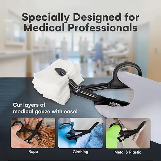 Madison Supply 7.5 Inches Premium Stainless Steel Trauma Shears for Left and Right Hand - Non-Stick Coated Blades Medical Scissors - Durable Fluoride-Coated Nurse Scissors - Black