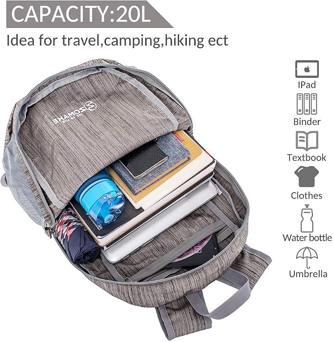 ZOMAKE Lightweight Packable Backpack, 20L Small Foldable Daypack for Hiking | Water Resistant Collapsible Backpacks for Women Men, Everyday Carry,Multi Compartment Storage,Adjustable Strap(Light Grey B3)