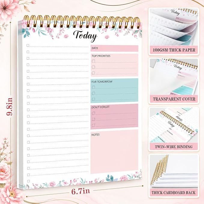 To Do List Notepad - Daily Planner Notepad 104 Pages Task Planner, 6.7" x 9.8" Double Sided Spiral Notebook with Checklist Productivity Planning Pad for Work Office Home-Pink