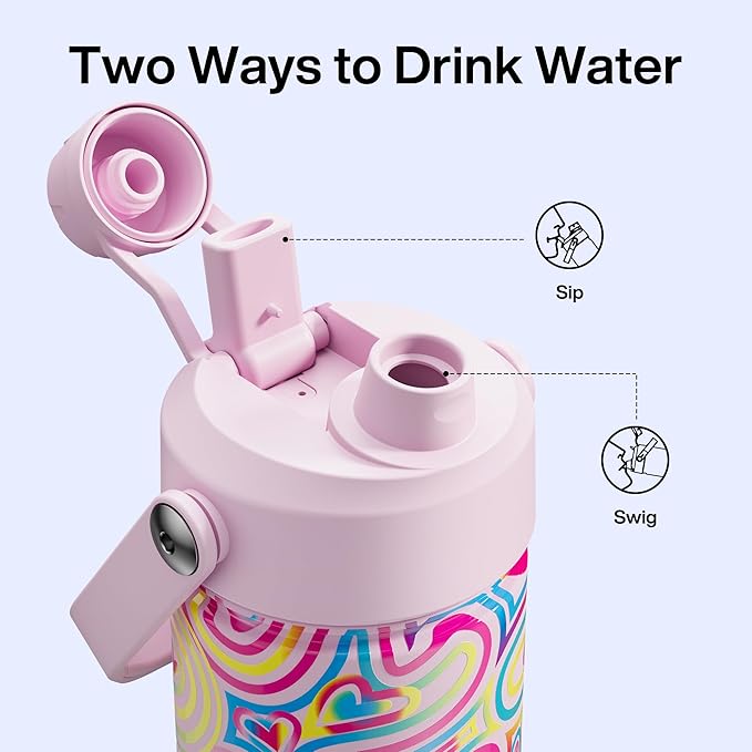 ENCOOL Insulated Water Bottle with Straw Stainless Steel Water Bottle, Leak-Proof, BPA-Free, Double Wall Vacuum Keeps Cold for 24 Hours for Sports, Travel, School (26 oz, Heart Swirl Pink)