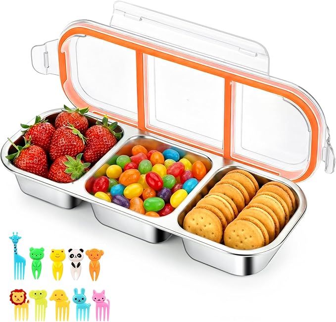 JUJOJB 1 Pack Stainless Steel Snack Containers, Bento Box With Lids,Leak Proof Metal Lunch Box with 3 Compartments,Reusable Lunch Meal Prep Containers for ffice,Work,Travel For Adults Little One