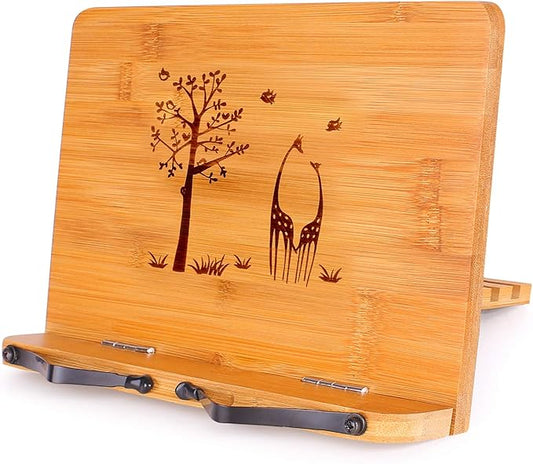 MEGREZ Bamboo Book Stand 11 x 8.0 inch, Foldable Cookbook Holder with 6 Adjustable Height, Reading Book Holder for Recipe, Music Book, Textbook, Tablet Stand, Tree and Giraffe