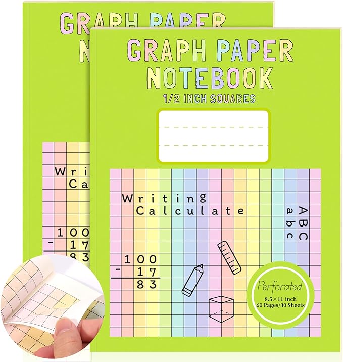 2 Pack 8.5×11 Colored Graph Paper Pad Math Notebook Graph Paper 1/2 Inch Squares Large Quad Ruled Grid Composition Book Colored Grid Notebook Exercise 30 Sheets for Kids Dyslexia Dysgraphia School