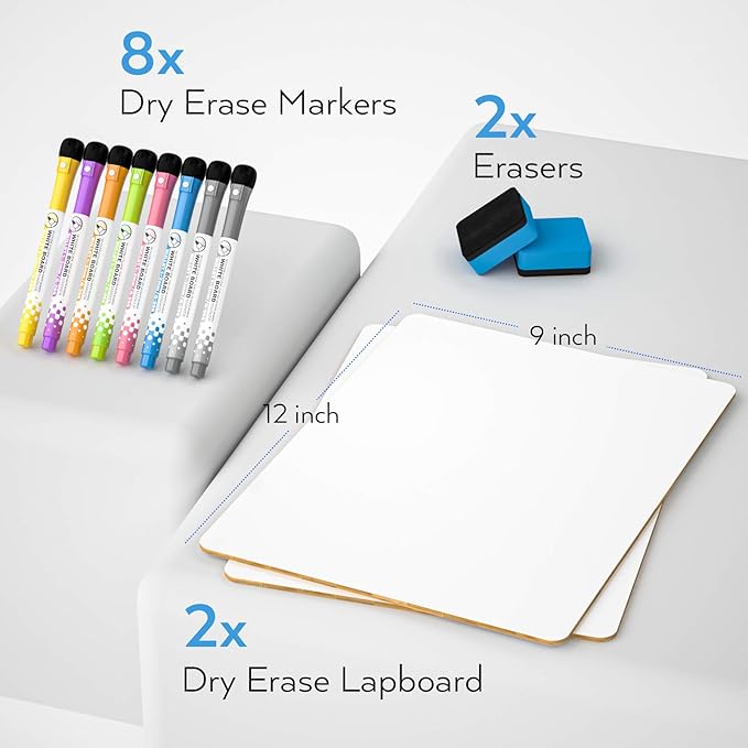 Nicpro Dry Erase Lap Board 9 x 12 inches 2 Pack Double Sided Blank Small Lapboard with 8 Pens, 2 Eraser, Learning Mini Whiteboard Portable Drawing Board for Student and Classroom Use
