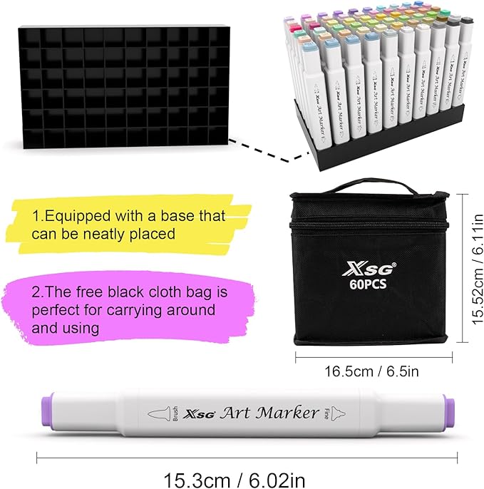 Alcohol Markers,60 Colors Dual Tip Brush & Fine Tip Art Marker Set,for Blending & Shading,Ideal for Coloring Books, Manga & Professional Artwork,Includes Blender Pen & Portable Case,Ideal for All Ages