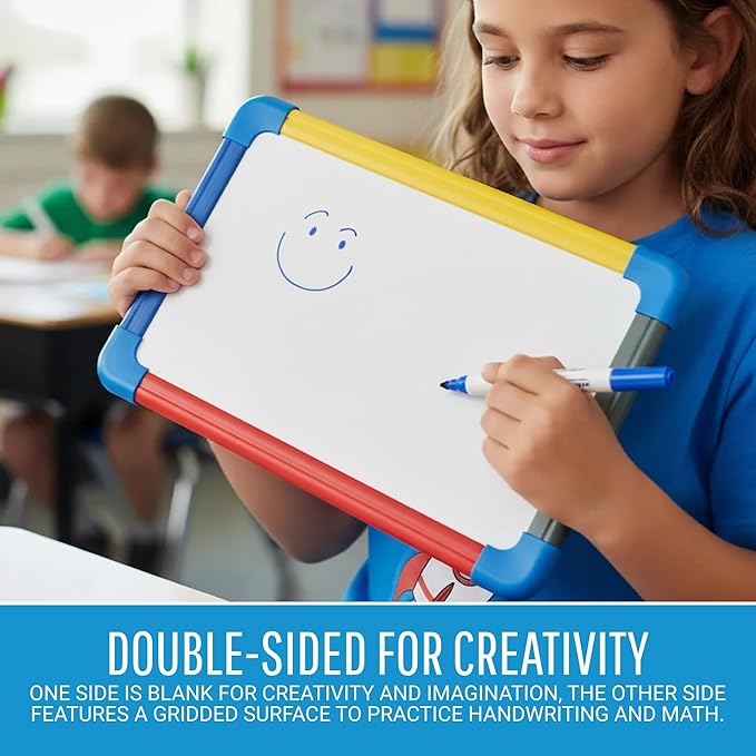MasterVision Schoolmate Small Dry Erase Lap Whiteboard, 12" x 8", Magnetic Lap Board, Multi-Colored Frame, Double Sided White Board (Blank/Gridded), for Kids, Students, Schools