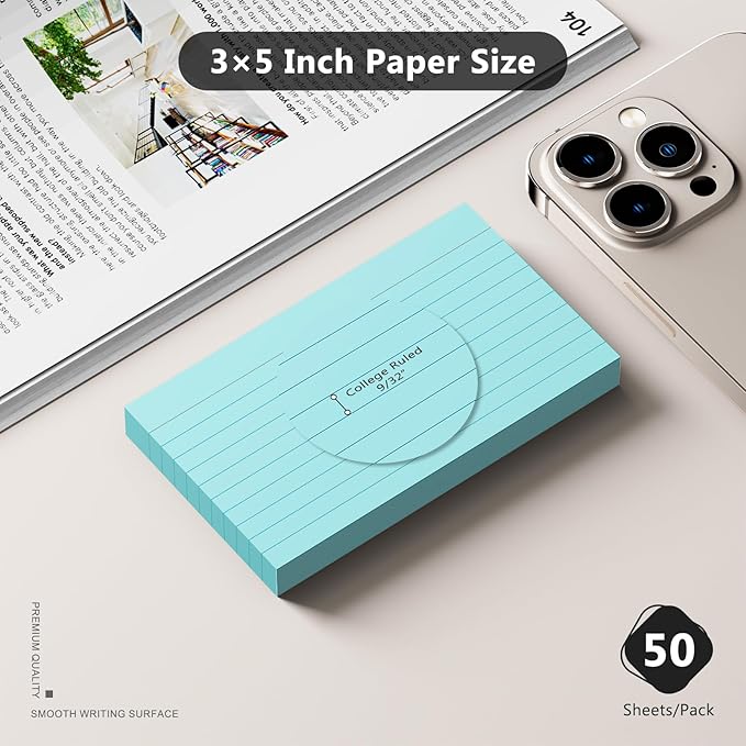 250 Count Index Cards 3 x 5 Inch, Thick Blue Lined Note Cards Portable Ruled Flash Cards Perfect for Studying and Organizing, Note Taking Study Flashcards for Home, School and Office