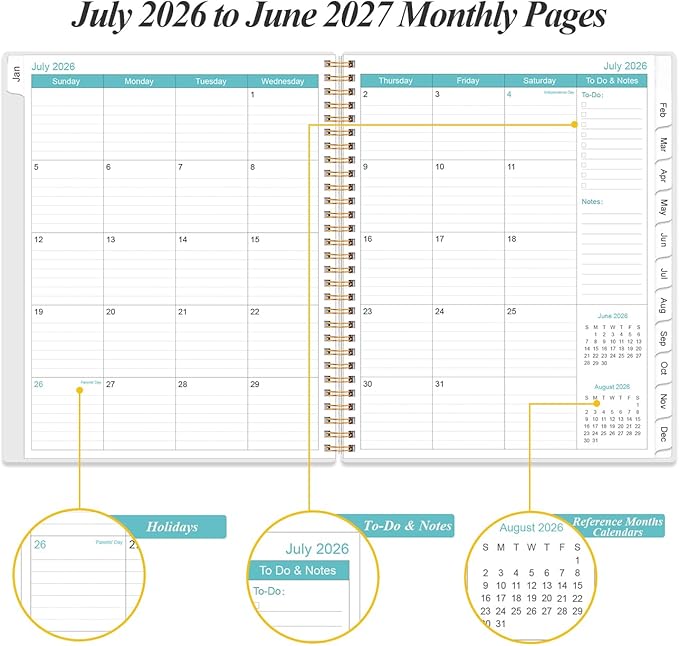 2026-2027 Planner - Planner 2026 from July 2026 to June 2027 with 12 Monthly Tabs, Flexible Cover, Inner Pocket, 8.5" x 11", Black
