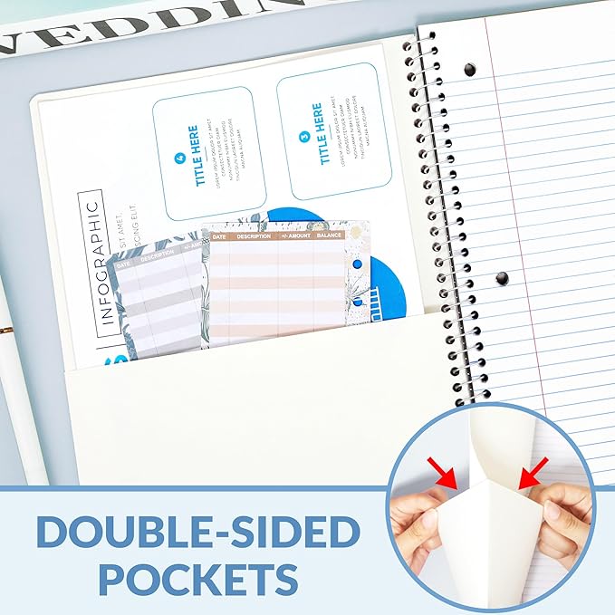 SUNEE Spiral Notebook, 1-Subject, College Ruled Paper, 8" x 10-1/2", 100 Sheets per Notebook, 3-Hole Punched Paper, Water Resistant Cover, Double-sided Pockets, Grey Blue