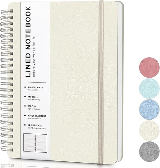 ABERLLS Lined Spiral Journal Notebook with 160 Pages, 8×5.7in, A5 Spiral Notebook, Journaling Notebooks for Work, School, Women, Men, College Ruled Spiral Notebook, Hardcover Leather Journals, Beige