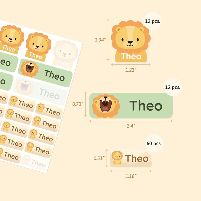 Personalized Daycare Name Labels (84) – Daycare Labels & Name Stickers for Kids – Labels for Kids Stuff Daycare – Waterproof for Baby Bottles, Clothing & Lunch Boxes - Lion
