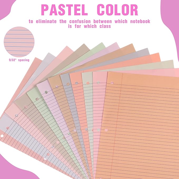 PerKoop 12 Pack 600 Sheets Colored Lined Paper Bulk College Ruled 8 x 10.5 Inches, Loose Leaf Notebook Paper 3 Hole Ring Punched Filler Back School Supplies, Line Spacing 0.7cm (Cute Color)