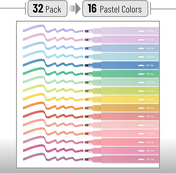 Mr. Pen- Aesthetic Highlighters No Bleed Bulk, 32 Pack, Pastel Color, Chisel Tip, Cute Highlighters Assorted Colors for Journaling, Highlighting, Underlining, Fast Dry, Back to School Supplies