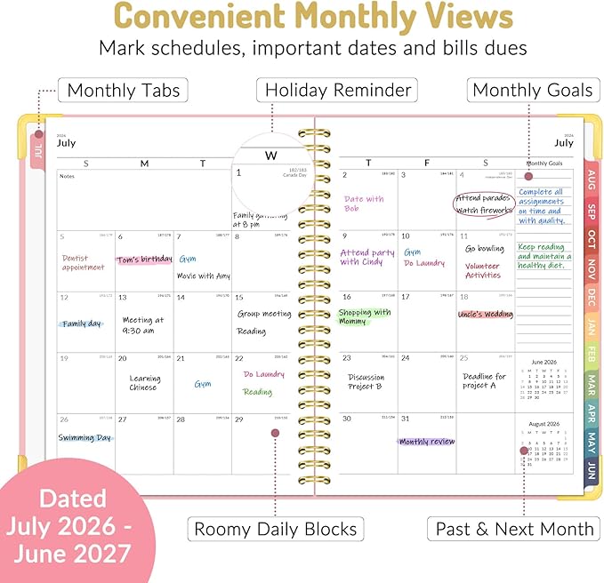 Forvencer Academic Planner 2026-2027, Hardcover Calendar Planner Weekly & Monthly, July 2026 - June 2027, 6" x 8", Daily Agenda with Tabs, College School Organizer for Student Teacher, Purple Marble