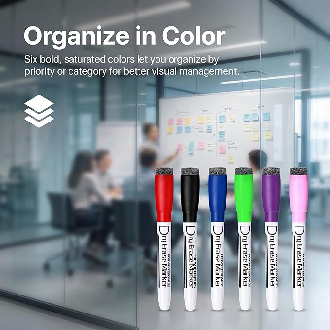 Volcanics Colored Magnetic Dry Erase Markers Fine Tip, Low Odor Whiteboard Markers with Eraser Cap, Dry Erase Pens for Calendar, Refrigerator, School, Office, Home, 6 Assorted Colors, Pack of 6