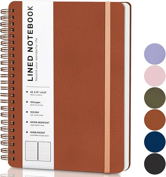 ABERLLS Lined Spiral Journal Notebook with 160 Pages, 8×5.7in, A5 Spiral Notebook, Journaling Notebooks for Work, School, Women, Men, College Ruled Spiral Notebook, Hardcover Leather Journals, Brown