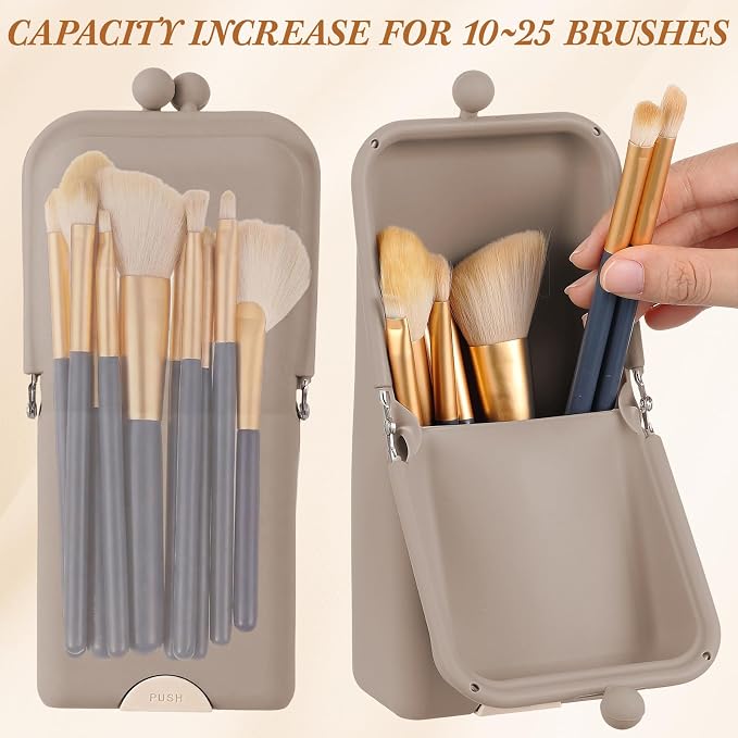 Kacctyen Makeup Brush Case Silicone Standing Makeup Brush Holder,Oatmeal | Silicone Make up Travel Bag with Suction Portable Cosmetic Organizer Phone Stand Pouch for Travel Home Back to School Use