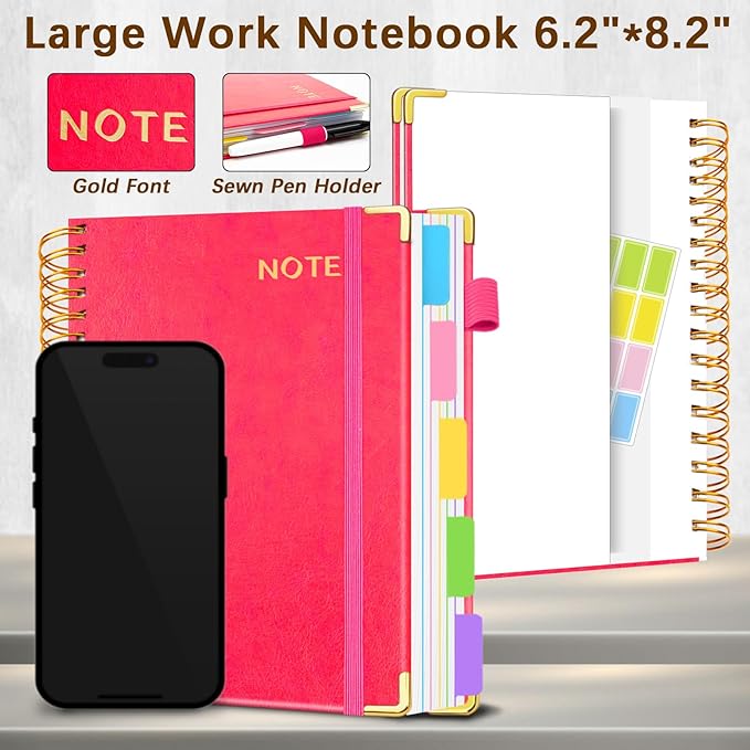 Hardcover Spiral Notebooks for Work 6.2"x 8.2", 300 Pages 5 Subject Notebook with Dividers & Tabs, A5 Spiral Journal for Women, College Ruled Notebook for School Note-Taking (Rose Red)