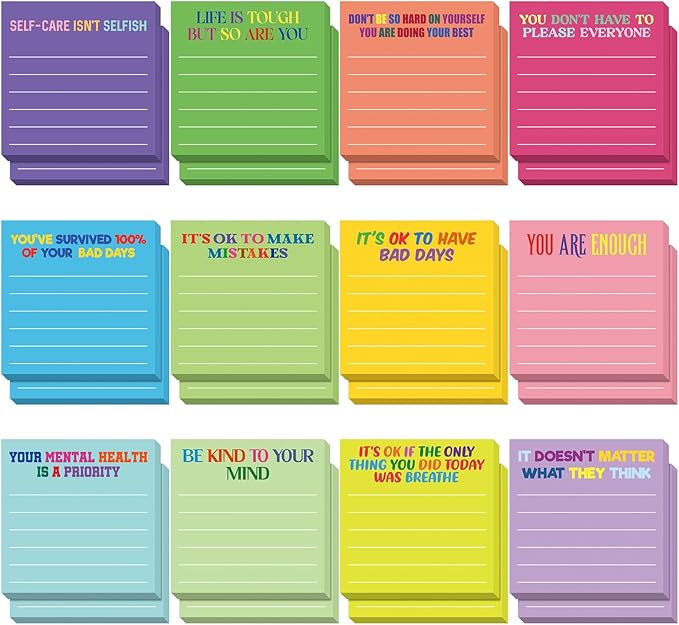 Yinder 24 Pcs Inspirational Sticky Notes Cute Motivational Sticky Notes Pad End of Year Employee Appreciation Gifts Bulk for Teacher Nurse Coworkers Office Supplies 3 x 3'' (Mental Health,Dark Color)