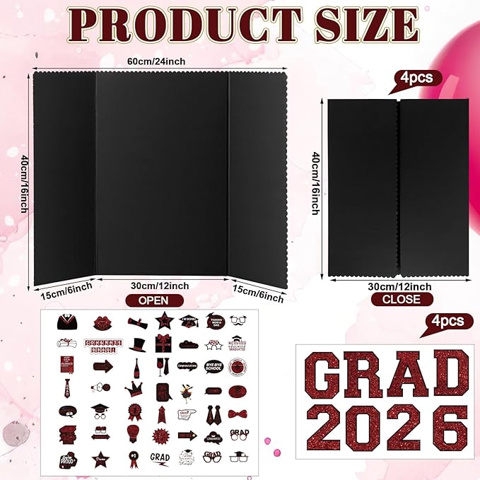 MiniInflat 4 Set 2026 Graduation Picture Trifold Poster Board Double-Sided Foldable Photo Display Board Graduation Decoration for Class of 2026 High School College DIY Craft(Burgundy,24 x 16 Inches)